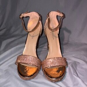 Top Moda Rose Gold Rhinestone Heels Size 6.5 Glitter Ankle Strap Party Shoes